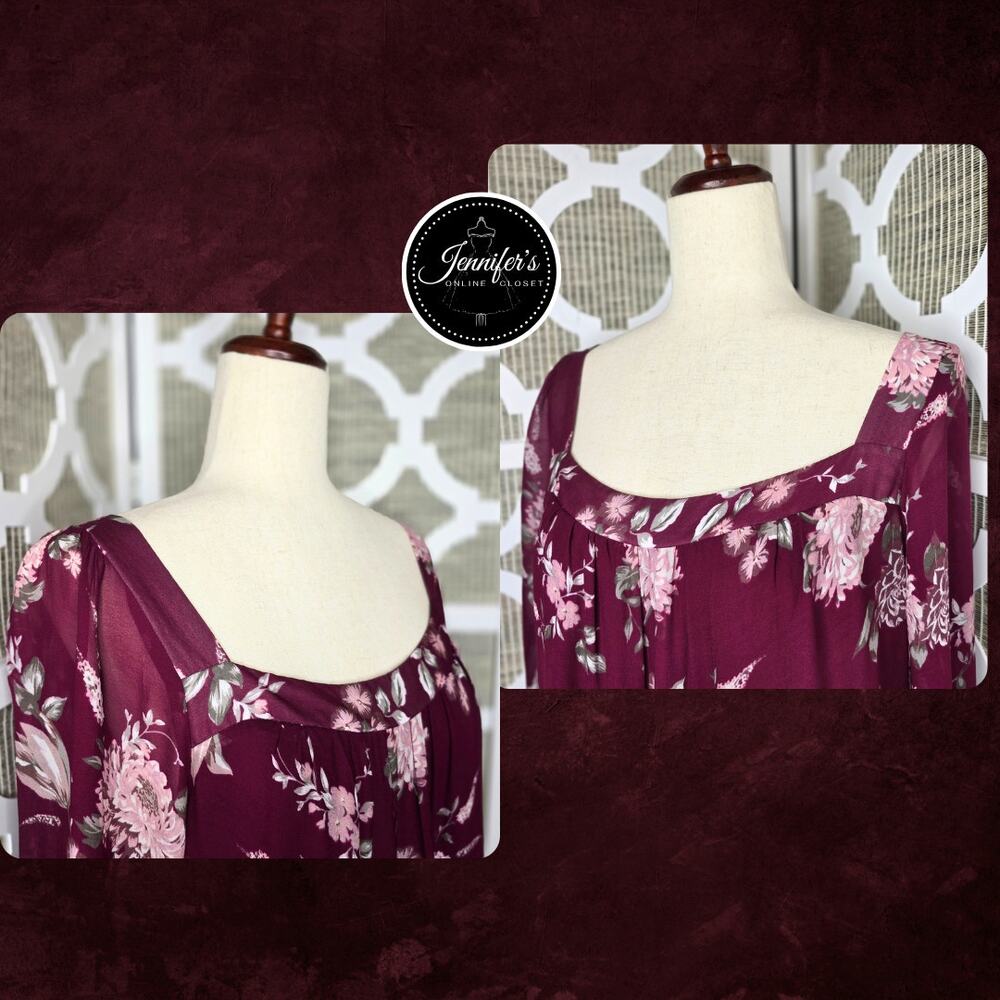 Anthropologie Evelin Maroon/Wine Floral Long Sleeve Chiffon Maxi Dress Size XL - Picture 2 of 16